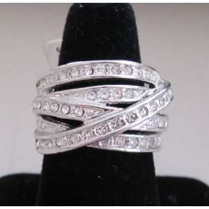 Ladies Cross Over Band Ring with Crystals Size 7 Silver 