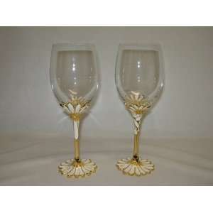  italian daisy champagne flute / wine glass gold rim white 
