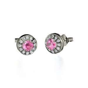 Halo Earrings, Round Pink Sapphire 18K White Gold Stud Earrings with 