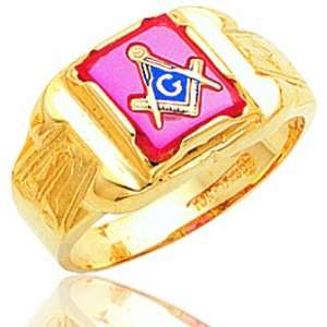  Mens 10K Yellow Gold Open Back Red Stone Masonic Ring 