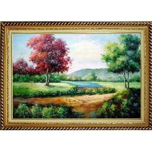 Lakeside Red and Green Trees Oil Painting, with Linen Liner Gold Wood 