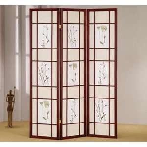  3 panel Shoji Screen with Floral Paint in Cherry Finish 