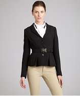 Prada black woven pleated hem belted blazer style# 319114101