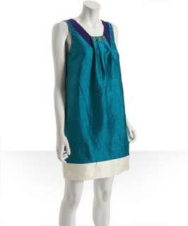 Nicole Miller teal dupioni pleated colorblock dress   up to 70 