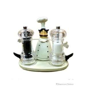 Salt and Pepper Shakers Mills Fat French Chef Holder  