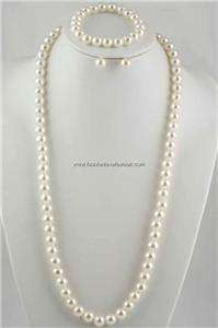 Faux Pearl Jewelry Set Necklace Bracelet Earrings 10mm Off White