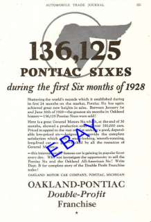 1928 OAKLAND PONTIAC SIX MOTOR CAR AD 136,125 SOLD  