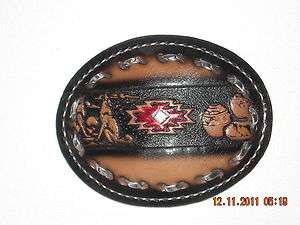 American Indian / Western 4 x 3 1/4 Leather Belt Buckle New  