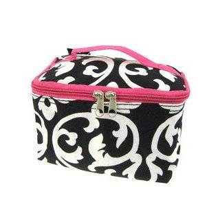 Cute Cosmetic Makeup Bag Case Damask Print Hot Pink Trim Black White 