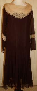Vintage 30s Brown Chiffon Lace Dress with purse, hat & handkerchief 