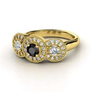  Triple Halo Ring, Round Black Diamond 14K Yellow Gold Ring 