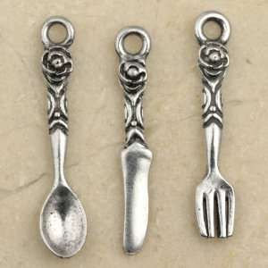  SPOON FORK KNIFE Silver Plated Pewter Charms (3)