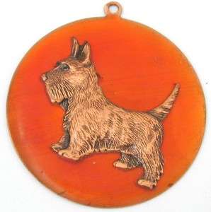 Copper & Orange Enamel Scottie Dog Pendant Signed DIO  