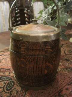   English Biscuit Barrel Bucket Canister Antique Oak Porcelain Lined Old