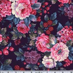  45 Wide Hampton Rose Floral Navy Fabric By The Yard 