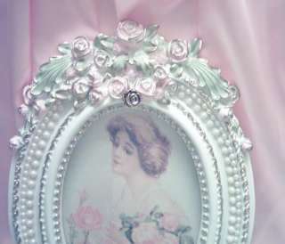 Shabby Victorian~LG Oval Rose Picture Frame~PINK Roses~Faux Pearls 