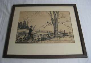 VINTAGE AB FROST SCHOOL HUNTING PHEASANT w DOGS DRAWING  