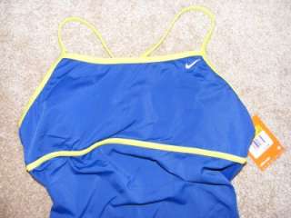 New $72 NIKE Navy blue lime Olympic bathing swimsuit 14  