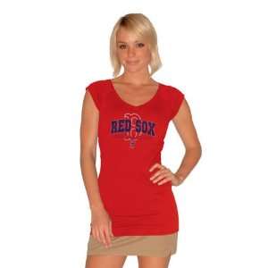 Boston Red Sox Womens Raw Edge Deep V Neck Short Sleeve T 