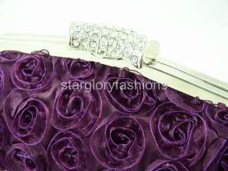 Purple Roses Wedding Handbag Purse Clutch Lot Crystal  