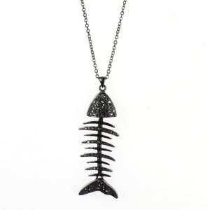Lucky Fish Bone Necklace with Black Rhinestones in Dark Silver Tone 