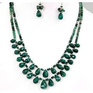  Handcrafted 2 Strands Natural Faceted Emerald Drops Beaded 