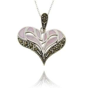  Sterling Silver Pink and Marcasite Heart Pendant Jewelry