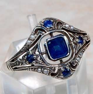 Natural Sapphire Seed Pearl 925 Sterling Silver Victorian Style Ring 