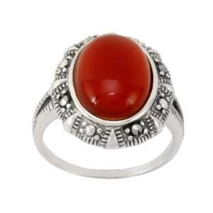  Sterling Silver Marcasite Oval Carnelian Ring, Size 5 
