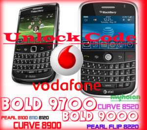 UNLOCK Code for Vodafone UK Blackberry 8520 9000 9700  