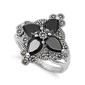   Engagement Ring Black CZ w/ Marcasite Ring 22MM ( Size 6 to 10) Size 6