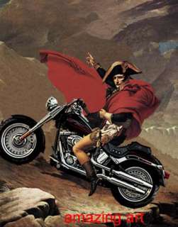 Oil Painting Napoleon Bonaparte on a Motorcycle WOW  