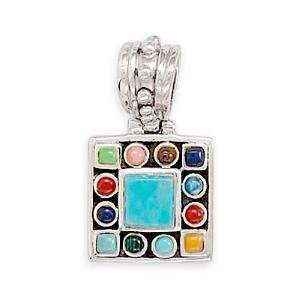 Square Turquoise Mulitcolor Stone Drop Sterling Silver Pendant, 18 