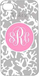 Personalized IPHONE 4g 4s case Monogram Name GRAY CORAL PATTERN PINK 