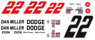 22 Billy Foster Dan Miller Dodge 1/32nd Scale Slot Car Decals  