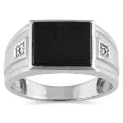 10k White Gold Onyx and Diamond Accent Mens Ring  