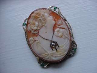 Antique 14k Deco Cameo Filigree Diamond & Emeralds Pin  