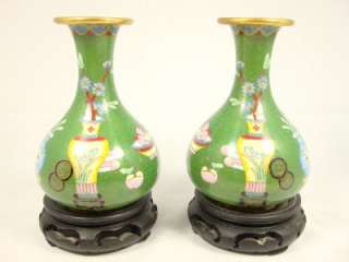 Vintage pair of Cloisonne Vases, green background, flower in a yellow 