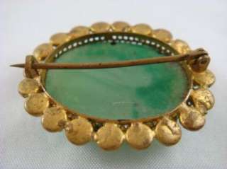 Vintage Green Natural Stone Malachite Gold Tone Accent Brooch Pin 