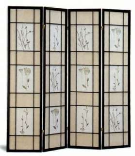 Four Panel Black Folding Screen Divider w/ Floral Print  