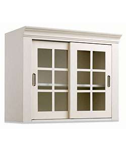 White Wall Storage Cabinet with Sliding Glass Doors  