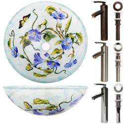   Glass Floral Pattern Bathroom Vessel Sink Faucet Combo  