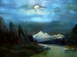 1800S BLUE LARGE ANTIQUE CABIN MOONLIGHT OIL PAINTING  