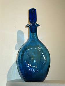   Blenko 49 Blue Crackle Pinch Bottle Art Glass Decanter & Stopper