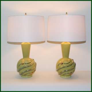 PAIR Mid Century Modern Chartreuse Lustreware Ceramic Lamps Retro Vtg 