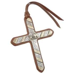   Tie On Leather Cross W/Silver & Gold Cowboy Prayer