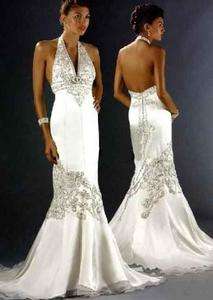   halter V neck backless prom gown bridal wedding evening dress custom