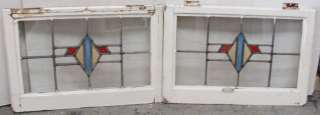 Pair Antique Stained Glass Windows 3 clr Arts & Crafts  