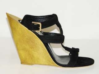 YSL YVES SAINT LAURENT Black Suede T Strap Wedge Sandal Shoe 38 NIB 