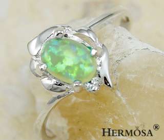 Rare Charm Rainbow Fire Green Opal Diamond . Sterling Silver Ring s.7 